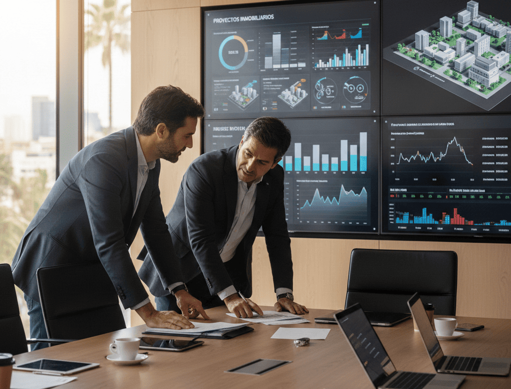 Socios gestores de fondos de inversión analizando proyectos inmobiliarios en una moderna sala de juntas con pantallas digitales mostrando gráficos financieros y modelos 3D de desarrollos inmobiliarios
