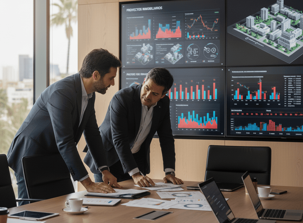 Ejecutivos de fondos de inversión preocupados revisando documentos financieros complejos en una oficina moderna, con expresiones de concentración ante reportes de proyectos inmobiliarios con desviaciones presupuestarias